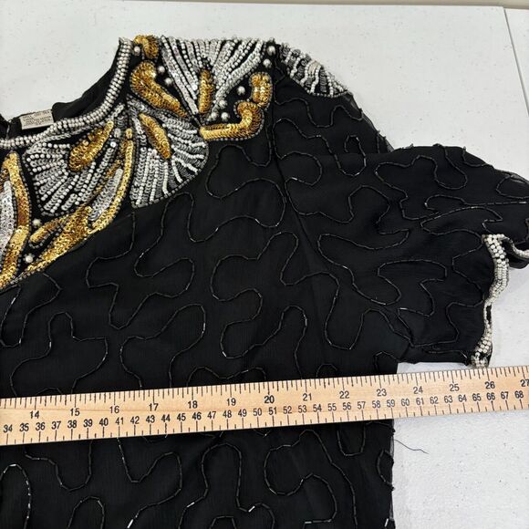 Vintage Denise Elle Beaded Sequin Top Womens 3X Gold Black Disco 80s Art Deco - Picture 10 of 13
